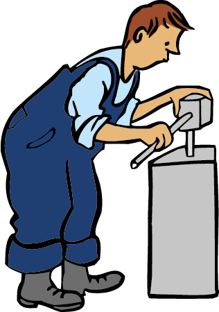 Arbeit Ein Mann in Latz-Hose arbeitet mit einem Werk-Zeug.